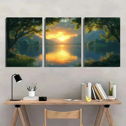 3pcs Serene Shire Sunrise & Calm Waters Scene Wall Art Set Canvas Unframed - High Quality Print 100% Australian Made Wall Canvas
