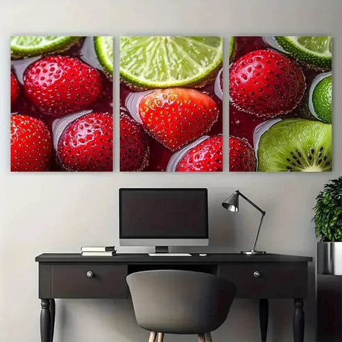 3pcs Fresh Fruit Drink Cherry Strawberry Lime Kiwi Wall Art Set Canvas Unframed - High Quality Print 100% Australian Made Wall Canvas - Bella Home Decor