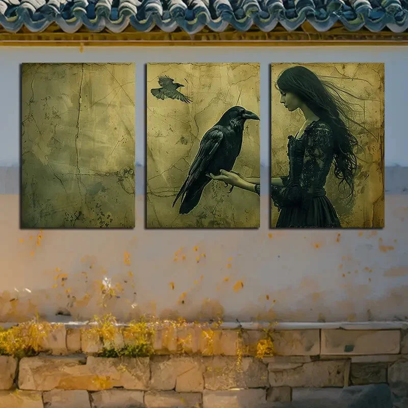 3pcs Girls and Crows Gothic Illustration Metal Print Ready to Hang Art - Bella Home Decor