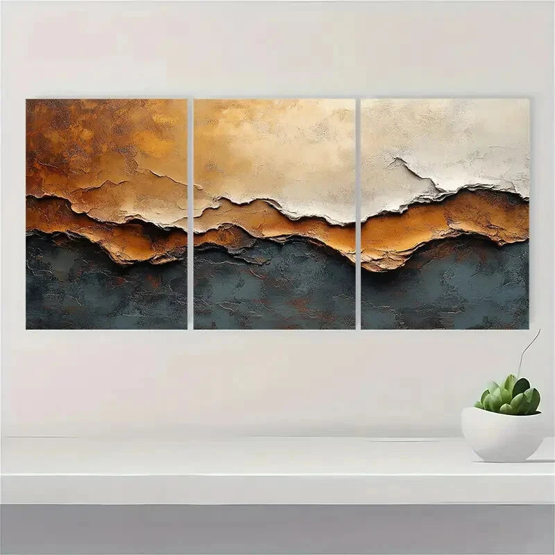 3pcs Brown Acrylic Abstract Texture Painting Metal Print Ready to Hang Art - Bella Home Decor