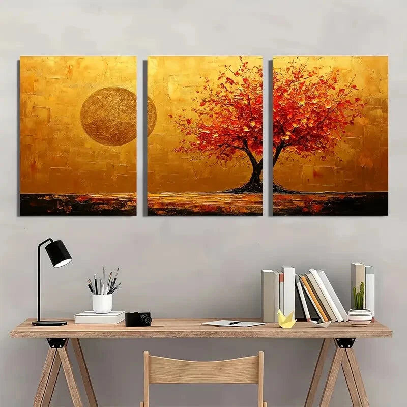 3pcs Abstract Golden Tree Minimalist Metal Print Ready to Hang Art - Bella Home Decor