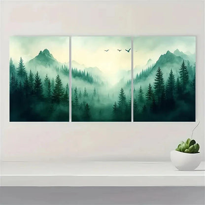 3pcs Pine Tree Forest Watercolor Landscape Art Metal Print Ready to Hang Art - Bella Home Decor