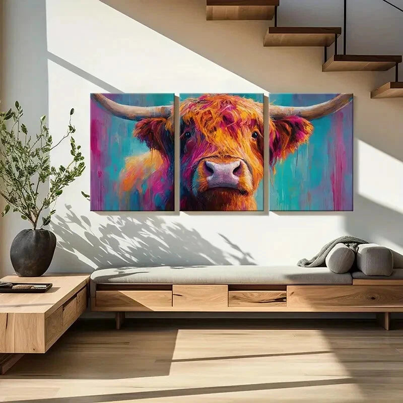 3pcs Vibrant Highland Cow Art Colorful Abstract Metal Print Ready to Hang Art - Bella Home Decor