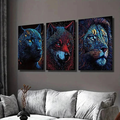 3pcs Panther Wolf & Lion Neon Jungle Beast Wall Art Set Canvas Framed 40x60cm - High Quality Print 100% Australian Made Wall Canvas Ready to Hang