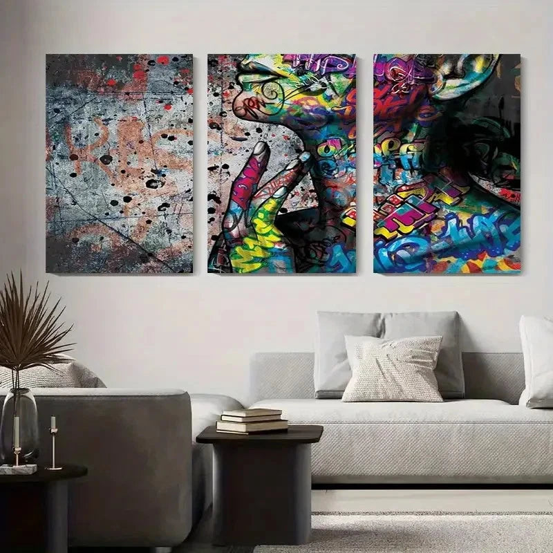 3pcs Colorful Graffiti Face Design Metal Print Ready to Hang Art - Bella Home Decor