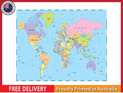 Borders Countries & Cities World Map with details 91x61cm poster AU