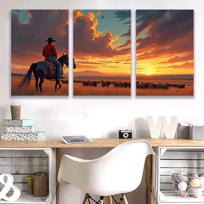 3pcs Western Cowboy Sunset ART    Wall Art Set Canvas Framed 50x70cm - High Quality Print 100% Australian Made Wall Canvas Ready to Hang - Bella Home Decor