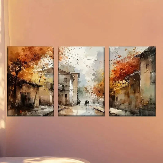 3pcs Painting of a Street with Buildings Trees Wall Art Set Canvas Framed 60x90cm - High Quality Print 100% Australian Made Wall Canvas Ready to Hang
