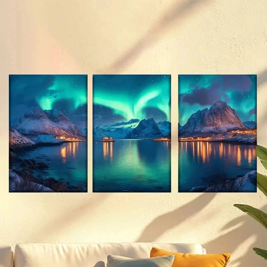 3pcs Northern Lights Over Mountain Lake Wall Art Set Canvas Framed 40x60cm - High Quality Print 100% Australian Made Wall Canvas Ready to Hang