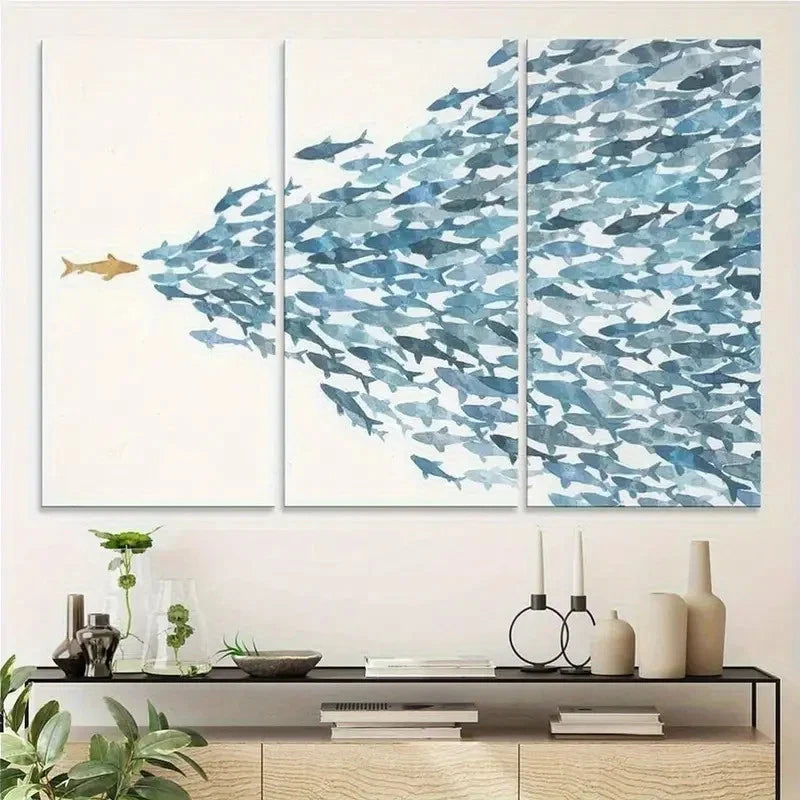 3pcs Minimalist Watercolor Fish Herd Painting Metal Print Ready to Hang Art