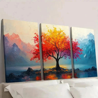 3pcs Vibrant Abstract Tree Colorful Mountain V  Wall Art Set Canvas Framed 50x70cm - High Quality Print 100% Australian Made Wall Canvas Ready to Hang