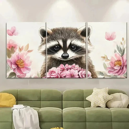 3pcs Adorable Raccoon Watercolor Print  Wall Art Set Canvas Unframed - High Quality Print 100% Australian Made Wall Canvas - Bella Home Decor