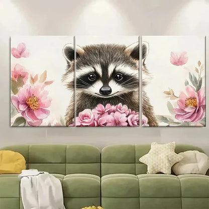 3pcs Adorable Raccoon Watercolor Print  Wall Art Set Canvas Unframed - High Quality Print 100% Australian Made Wall Canvas - Bella Home Decor