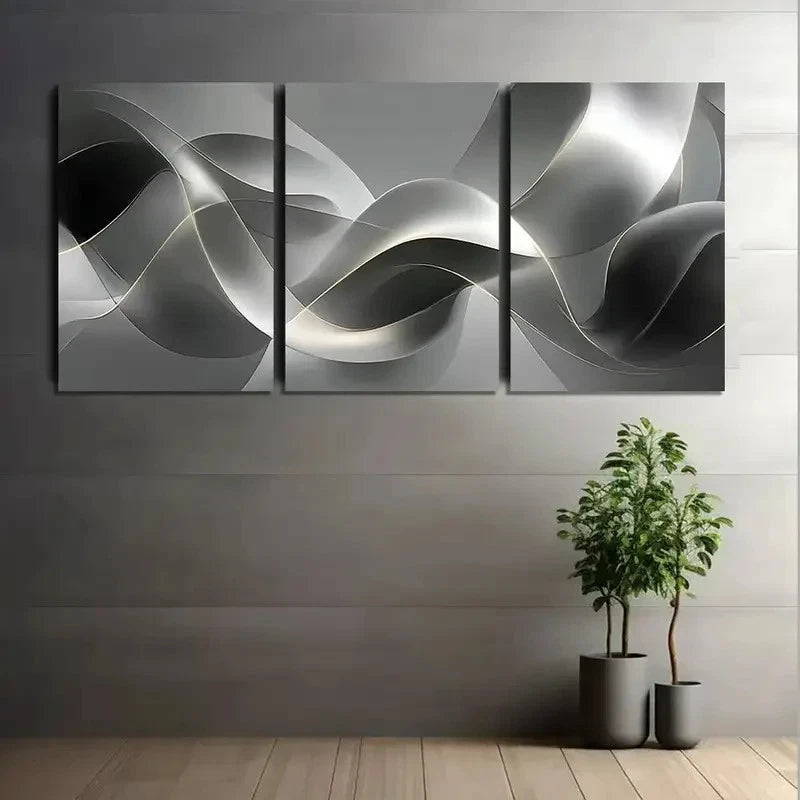 3pcs Silvery and Gray Ribbon-Like Abstract Art Metal Print Ready to Hang Art - Bella Home Decor