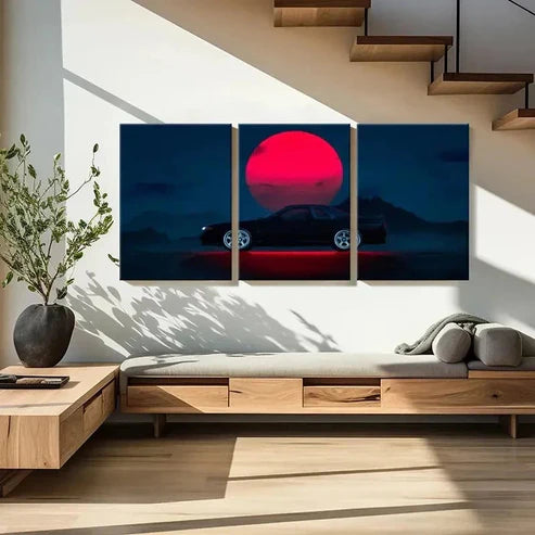 3pcs Modern Car in Red Sun Scene Decor Wall Art Canvas Unframed - High Quality Print 100% Australian Made Wall Canvas