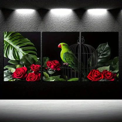 3pcs Vibrant Tropical Bird and Roses Illustration Metal Print Ready to Hang Art - Bella Home Decor