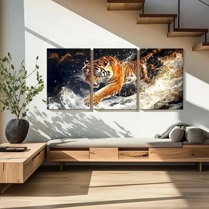 3pcs Tiger Bursting Through Water Wall Art Set Canvas Framed 40x60cm - High Quality Print 100% Australian Made Wall Canvas Ready to Hang - Bella Home Decor