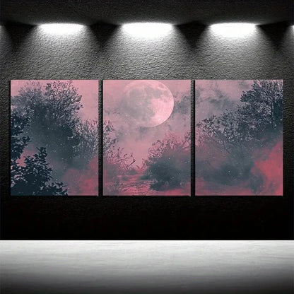 3pcs Mystical Dark Road and Moon Scene Metal Print Ready to Hang Art - Bella Home Decor
