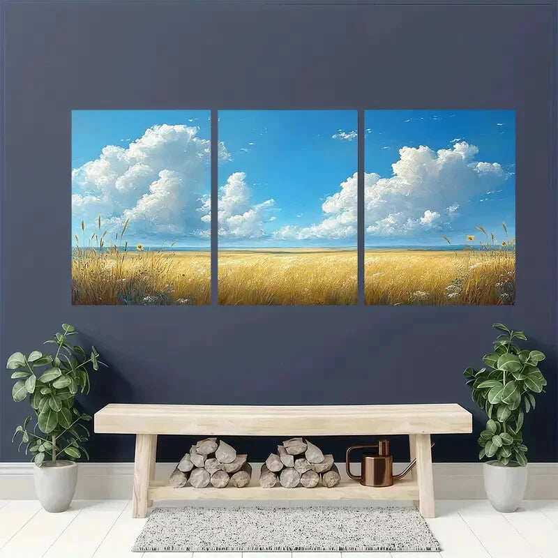 3pcs White Cloudy Blue Sky & Golden Wheat Metal Print Ready to Hang Art - Bella Home Decor