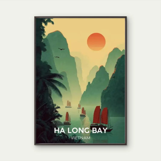 Ha Long Bay Vietnam  Sunset Sailboat & Emerald Bay Travel Poster Print Wall Art
