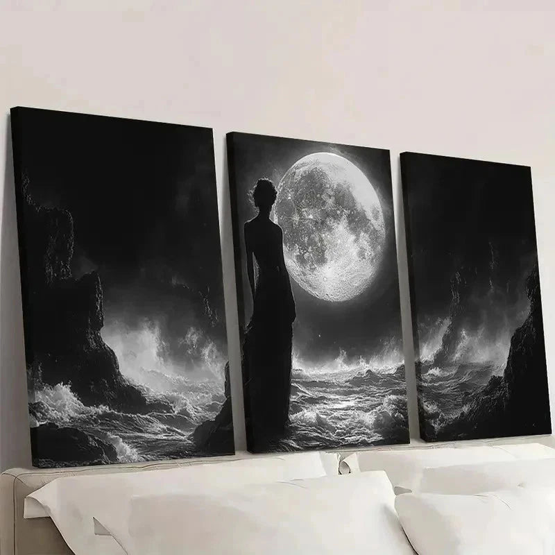 3pcs Black Hecate Moon Ocean Scene i Wall Art Set Canvas Framed 60x90cm - High Quality Print 100% Australian Made Wall Canvas Ready to Hang - Bella Home Decor