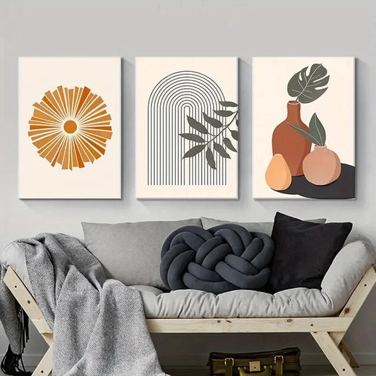 3pcs Geometric Abstract Orange &amp; Red Botanical Metal Print Ready to Hang Art
