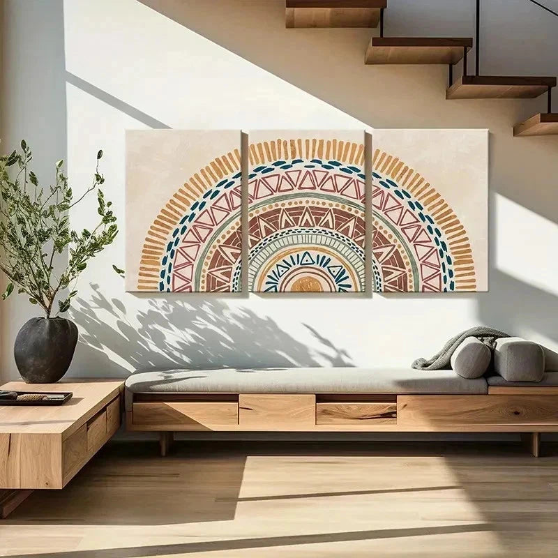 3pcs Bohemian Blue Green Orange & White Patterns Wall Art Set Canvas Framed 40x60cm - High Quality Print 100% Australian Made Wall Canvas Ready to Hang - Bella Home Decor