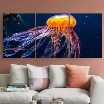 3pcs Vibrant Jellyfish Fiery in Deep Blue Sea Metal Print Ready to Hang Art - Bella Home Decor