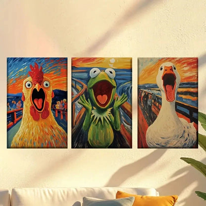 3pcs Screaming chicken, frog and duck Wall Art Set Canvas Framed 60x90cm - High Quality Print 100% Australian Made Wall Canvas Ready to Hang
