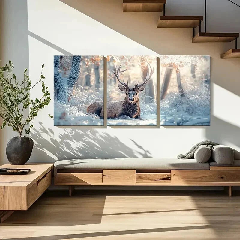 3pcs Buck Deer Stag with Snow Painting Wall Art Set Canvas Framed 60x90cm - High Quality Print 100% Australian Made Wall Canvas Ready to Hang - Bella Home Decor