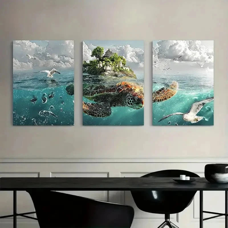 3pcs Abstract Turtle in the Ocean Metal Print Ready to Hang Art - Bella Home Decor