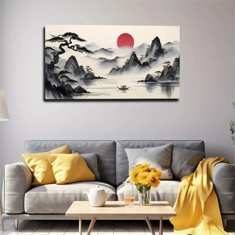 Elegant Ink Mountain & River Wall Art Canvas Office Home Room Framed 120x60cm