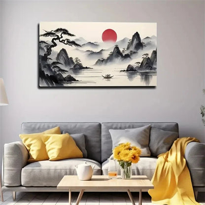 Elegant Ink Mountain & River Wall Art Canvas Office Home Room Framed 120x60cm