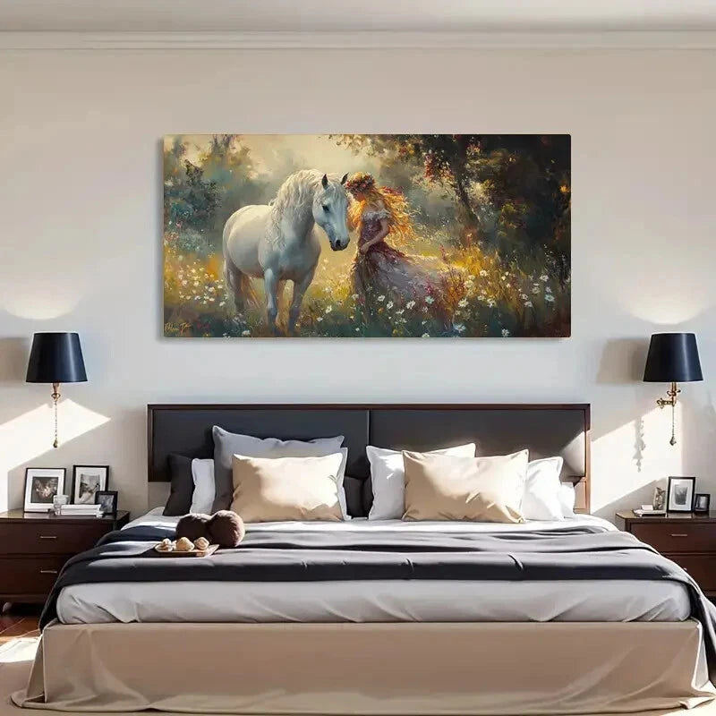 White Horse & Girl Fantasy Wall Art Canvas Office Home Room Framed 120x60cm - Bella Home Decor