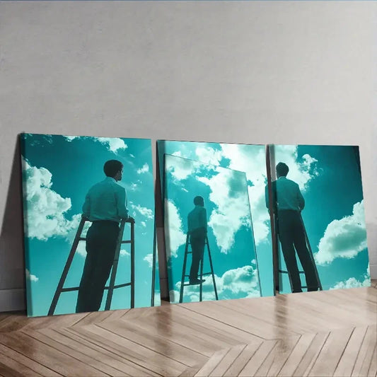 3pcs Surreal Film Triptych with Ladder & Sky Wall Art Set Canvas Framed 40x60cm - High Quality Print 100% Australian Made Wall Canvas Ready to Hang