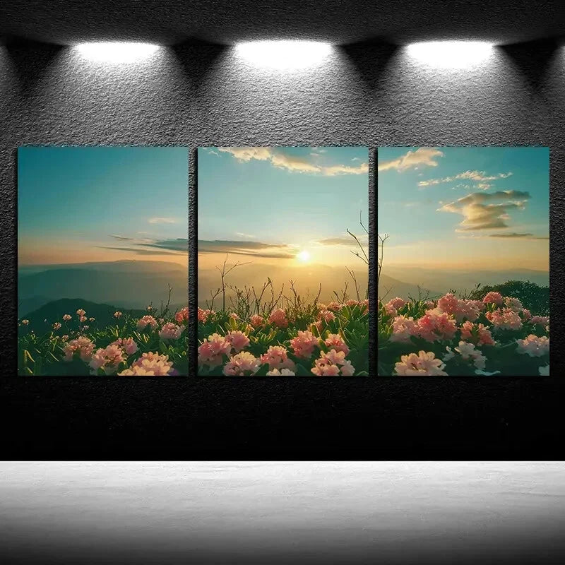 3pcs Vibrant Blooming Flowers Landscape Sunset Metal Print Ready to Hang Art - Bella Home Decor