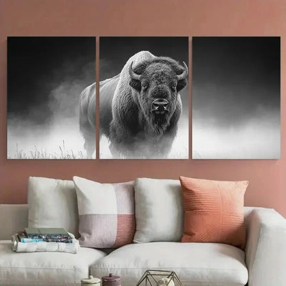 3pcs Bison in Mist Greyscale Photography Metal Print Ready to Hang Art - Bella Home Decor