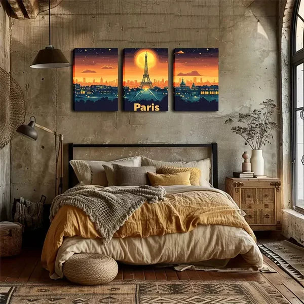3pcs Eiffel Tower at Dusk Wall Art Set Canvas Framed 60x90cm - High Quality Print 100% Australian Made Wall Canvas Ready to Hang - Bella Home Decor