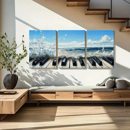 3pcs Ocean Waves Piano Keys Artwork Coastal Deco Metal Print Ready to Hang Art - Bella Home Decor