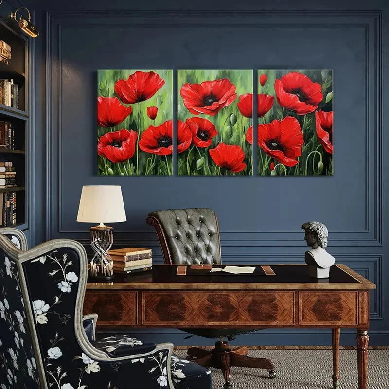 3pcs Red Flower Field Vibrant Colors Floral Art Metal Print Ready to Hang Art - Bella Home Decor
