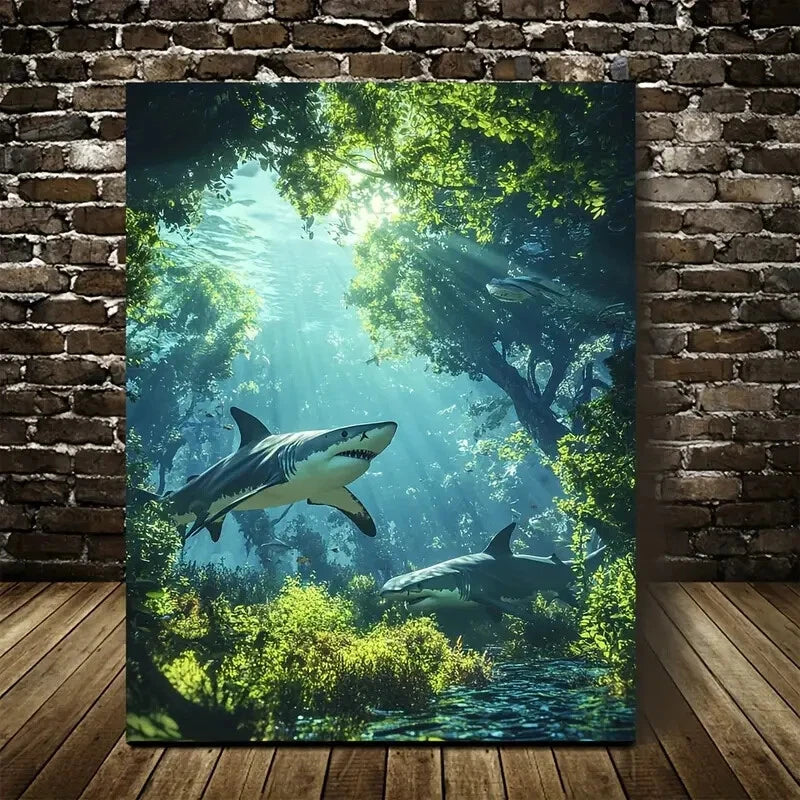 Playful Sharks in Lush Meadow Painting  40x60cm Metal Print Ready to Hang - Bella Home Decor