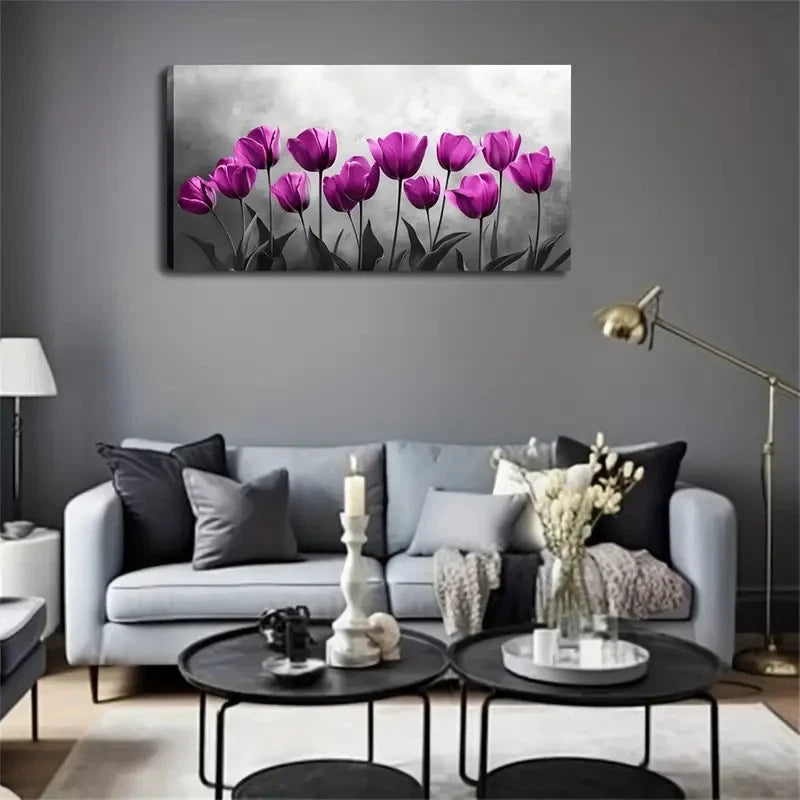 Purple Tulip Abstract Style Wall Art canvas office home room framed 120x60cm