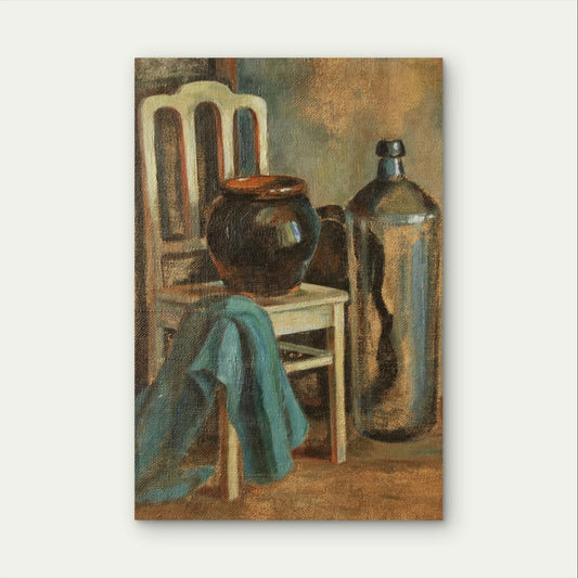 Vintage Still Life with Chair and Pot Metal Print Ready to Hang