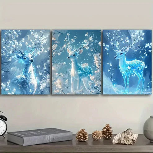 3pcs A deer with ice-blue Wall Art Set Canvas Unframed - High Quality Print 100% Australian Made Wall Canvas - Bella Home Decor