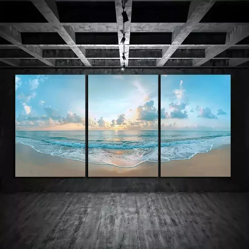 3pcs Beautiful Beach with Golden Sand and Sunset Wall Art Set Canvas Framed 50x70cm - High Quality Print 100% Australian Made Wall Canvas Ready to Hang