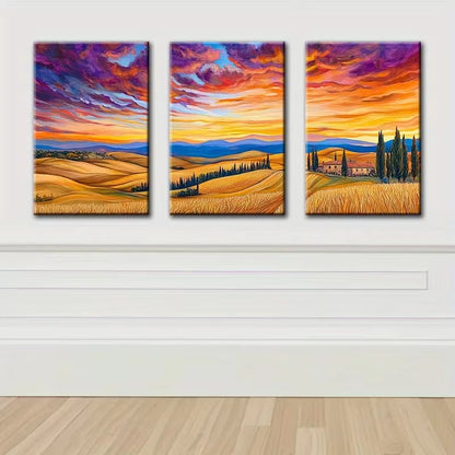 3pcs Sunset Landscape Fields Wall Art Set Canvas Framed 50x70cm - High Quality Print 100% Australian Made Wall Canvas Ready to Hang
