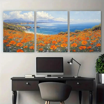 3pcs California Poppy Seascape Meadow Fields Metal Print Ready to Hang Art - Bella Home Decor