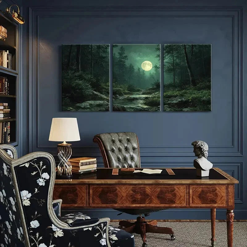 3pcs Moonlit Forest Stream Nature Landscape Metal Print Ready to Hang Art - Bella Home Decor