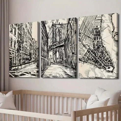 3pcs Black & White New York City Street Map Wall Art Canvas Unframed - High Quality Print 100% Australian Made Wall Canvas - Bella Home Decor