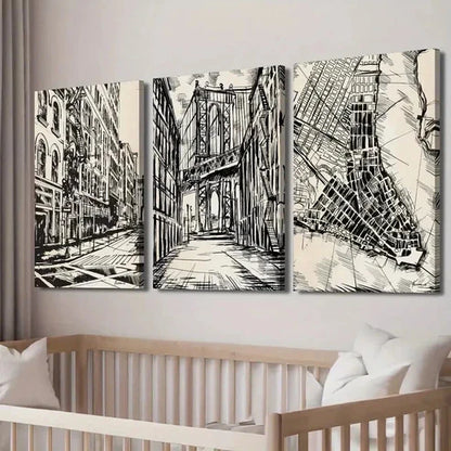 3pcs Black & White New York City Street Map Wall Art Canvas Unframed - High Quality Print 100% Australian Made Wall Canvas - Bella Home Decor